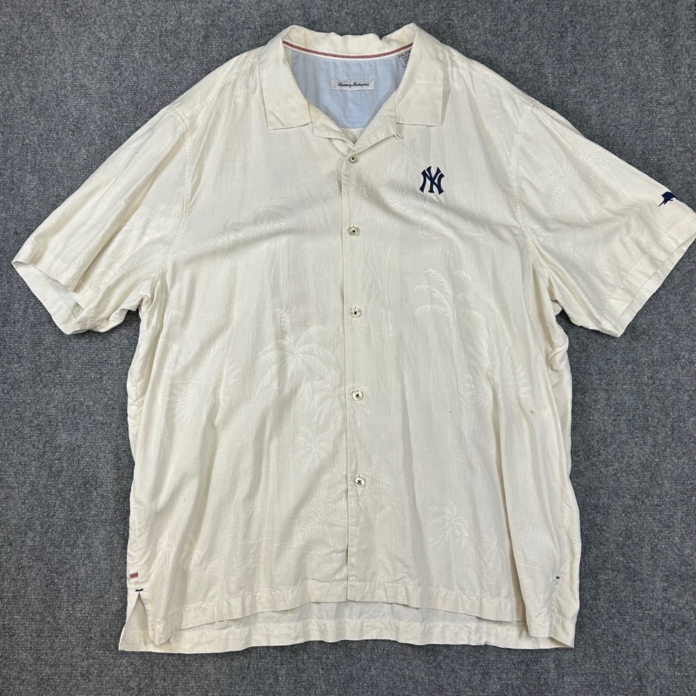 Tommy Bahama New York Yankees Silk Blend Camp Shirt Cream XXL MLB Baseball